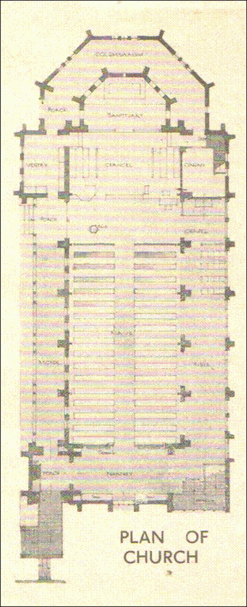 Plan of church with arcade, aisle and chapel, and internal
stairs to hall Plan of church with arcade, aisle and chapel, and internal
stairs to hall